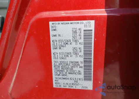 2015 Nissan Pathfinder Platinum z USA, uszkodzony, nr VIN 5N1AR2MM9FC653285